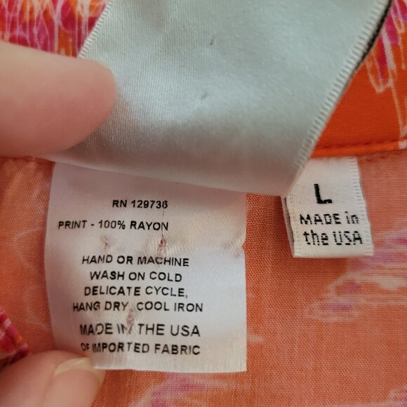 Finley Womens Hawaiian Button Down Shirt Orange Pink Abstract Tropical Sz L EUC - Picture 5 of 9
